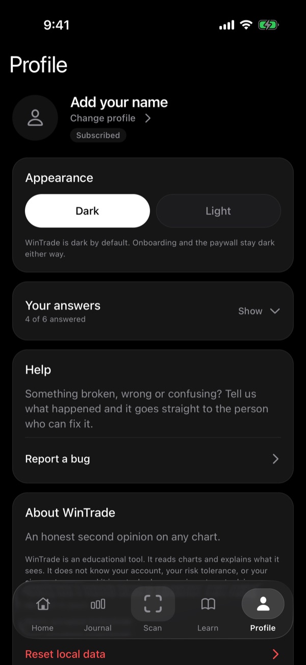 The ChartPeak profile screen, showing the appearance setting and the option to reset local data